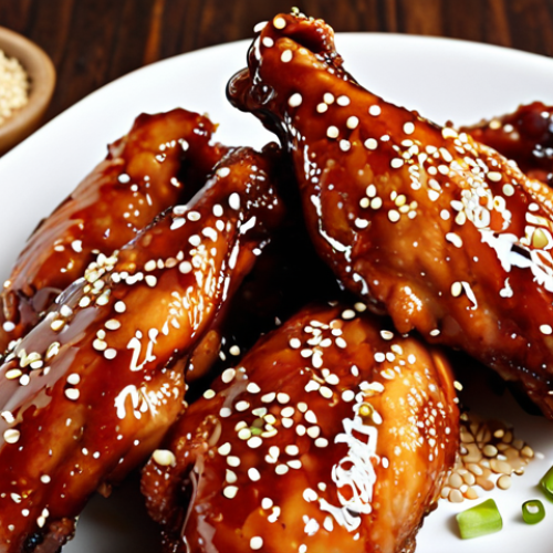 Home 11 **Honey-soy glazed chicken wings:** Close-up shot of juicy chicken wings with a glistening, golden-brown honey-soy glaze, possibly garnished with sesame seeds and green onions.