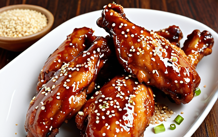 **Honey-soy glazed chicken wings:** Close-up shot of juicy chicken wings with a glistening, golden-brown honey-soy glaze, possibly garnished with sesame seeds and green onions.