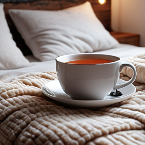 Home 6 ** A cozy bed with an electric blanket made of soft microfleece. Focus on the texture and warmth. Perhaps a cup of hot tea is nearby.
**
