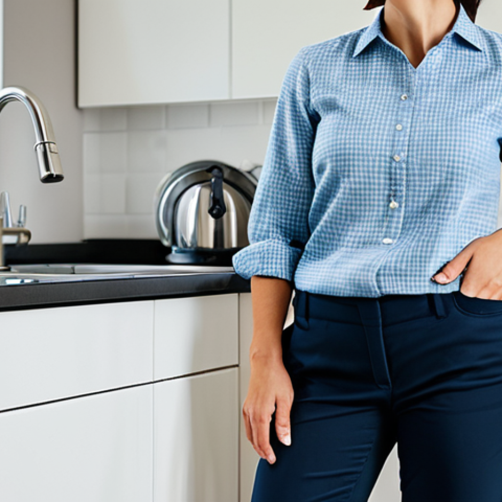 A calm, professional woman in her mid-30s, wearing modest, casual professional attire, a neat shirt and trousers. She stands in a well-lit, modern kitchen with a built-in dishwasher. She subtly tilts her head, listening intently towards the dishwasher, with a slight look of concern or mild frustration on her face, as if trying to identify a strange noise. Her hands are naturally at her sides or gently clasped. Professional photography, high resolution, realistic rendering, perfect anatomy, correct proportions, natural pose, well-formed hands, proper finger count, natural body proportions, fully clothed, appropriate attire, safe for work, appropriate content, family-friendly.