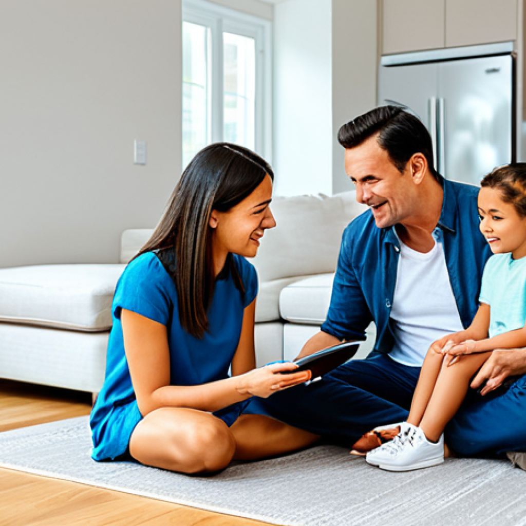 A diverse family in a bright, modern living room, harmoniously interacting with a sleek smart speaker. The mother, father, and two children are engaged in various activities like reading and listening, subtly integrated with the smart home features. All subjects are fully clothed in comfortable, modest, and appropriate attire. The setting features contemporary furniture and soft natural light, highlighting the seamless integration of technology into daily life. Professional photography, high-resolution, sharp focus, natural colors, safe for work, appropriate content, fully clothed, family-friendly, perfect anatomy, correct proportions, natural pose, well-formed hands, proper finger count, natural body proportions.