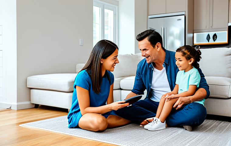 A diverse family in a bright, modern living room, harmoniously interacting with a sleek smart speaker. The mother, father, and two children are engaged in various activities like reading and listening, subtly integrated with the smart home features. All subjects are fully clothed in comfortable, modest, and appropriate attire. The setting features contemporary furniture and soft natural light, highlighting the seamless integration of technology into daily life. Professional photography, high-resolution, sharp focus, natural colors, safe for work, appropriate content, fully clothed, family-friendly, perfect anatomy, correct proportions, natural pose, well-formed hands, proper finger count, natural body proportions.
