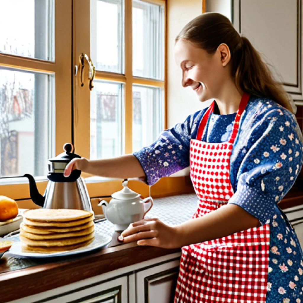 Cozy Kitchen Scene**
A bright and cheerful Russian kitchen. A woman, fully clothed in a modest, floral print dress and apron, is pouring tea from a sparkling clean electric kettle into a traditional Russian "podstakannik" (tea glass holder). Sunlight streams through the window, illuminating dust motes dancing in the air. A samovar sits prominently on the countertop, surrounded by plates of blini and варенье (varenye - fruit preserve). "Safe for work," "appropriate content," "fully clothed," "family-friendly," perfect anatomy, correct proportions, natural pose, well-formed hands, proper finger count, professional photography, high quality.
**