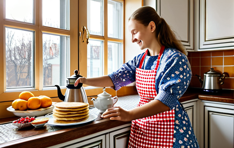 Cozy Kitchen Scene**
A bright and cheerful Russian kitchen. A woman, fully clothed in a modest, floral print dress and apron, is pouring tea from a sparkling clean electric kettle into a traditional Russian "podstakannik" (tea glass holder). Sunlight streams through the window, illuminating dust motes dancing in the air. A samovar sits prominently on the countertop, surrounded by plates of blini and варенье (varenye - fruit preserve). "Safe for work," "appropriate content," "fully clothed," "family-friendly," perfect anatomy, correct proportions, natural pose, well-formed hands, proper finger count, professional photography, high quality.
**